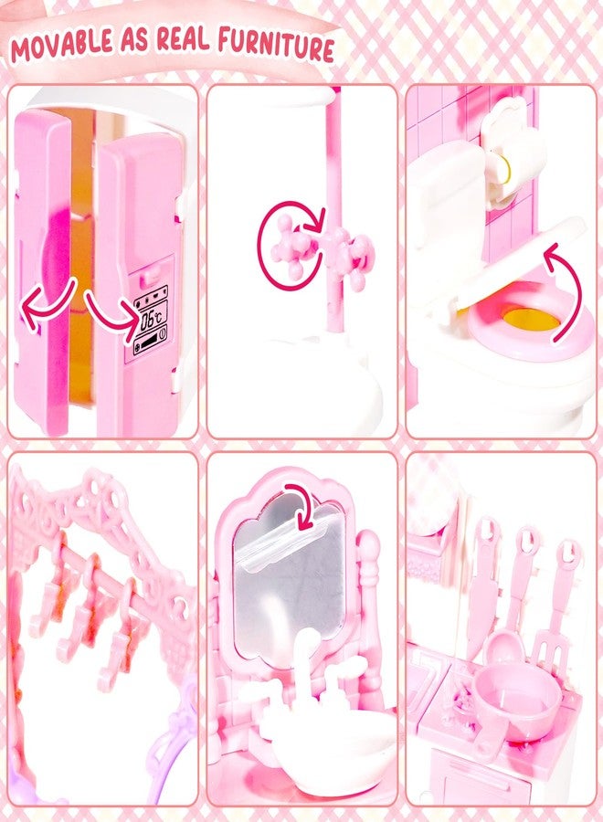 Pamonrueer 92 Pcs Miniature Furniture Set Accessories Mini Furniture Plastic Bedroom Living Room Bathroom Kitchen Kit Small Pink House for Birthday Gift - Image 3
